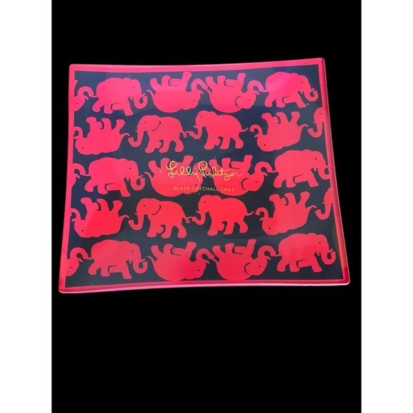 Lilly Pulitzer Other - Lilly Pulitzer Pink Blue Elephant Glass Trinket Tray Tusk In Sun  6.5" X  7.5"